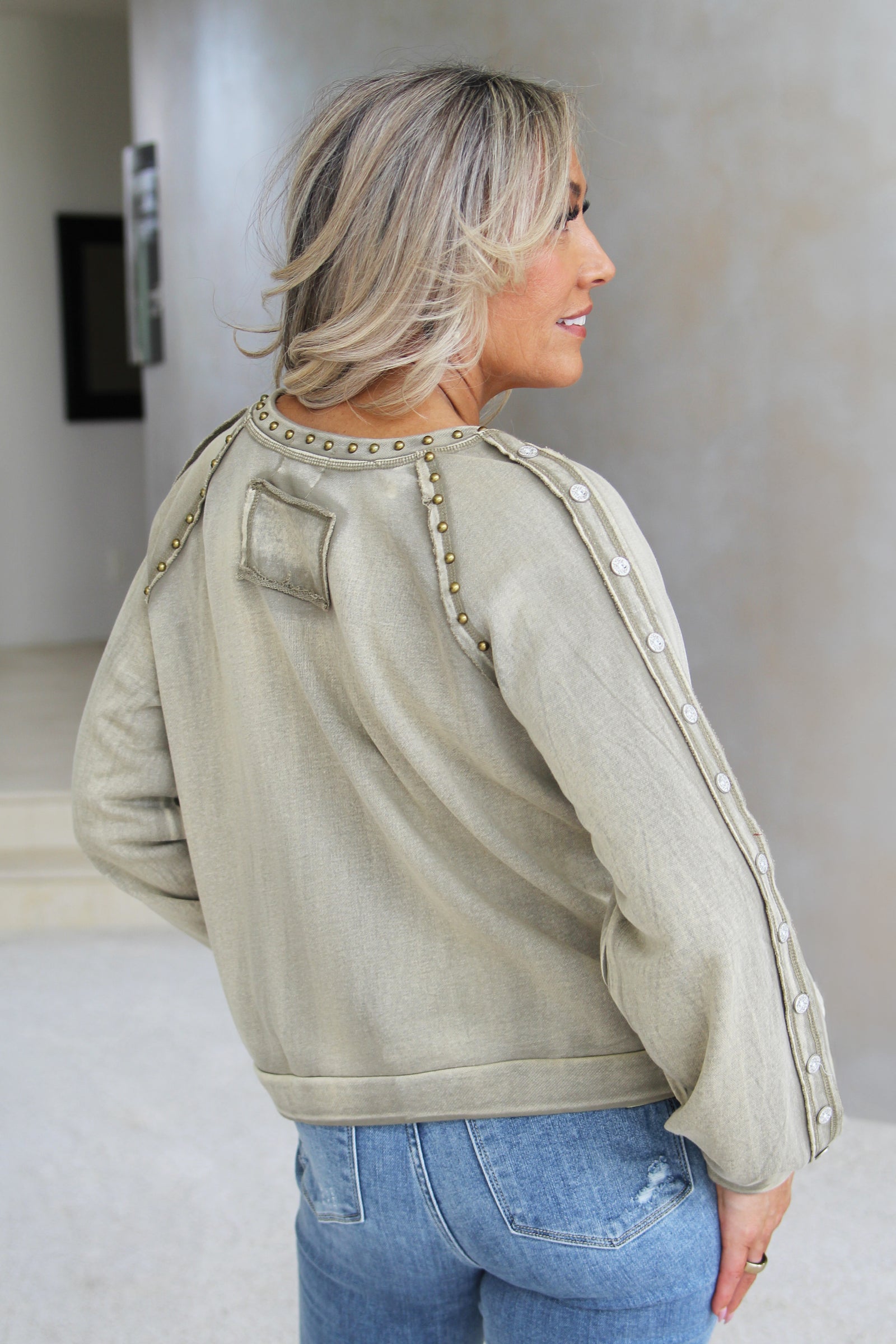 Washed French Terry Top w/ Stud & Button Trim