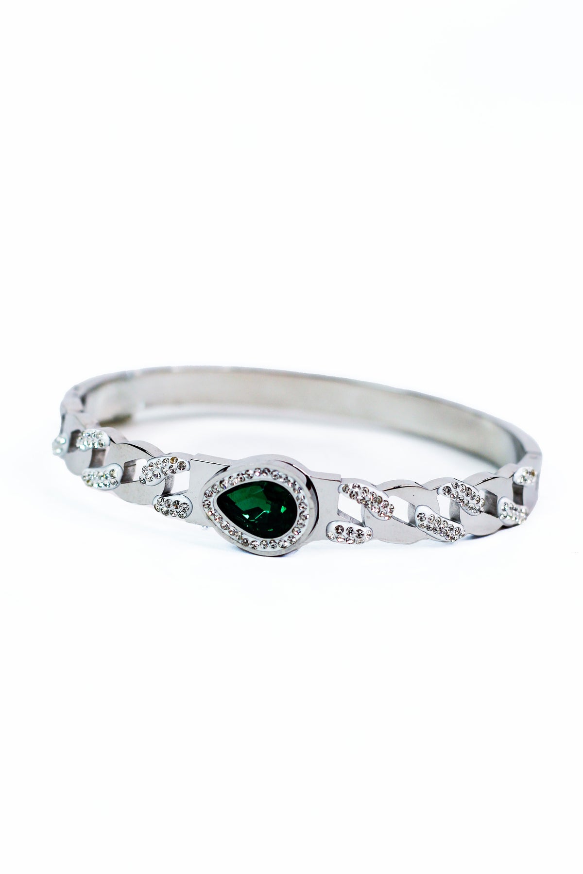 Pave &amp; Metal Chain Link Bangle w/ Emerald Teardrop Center