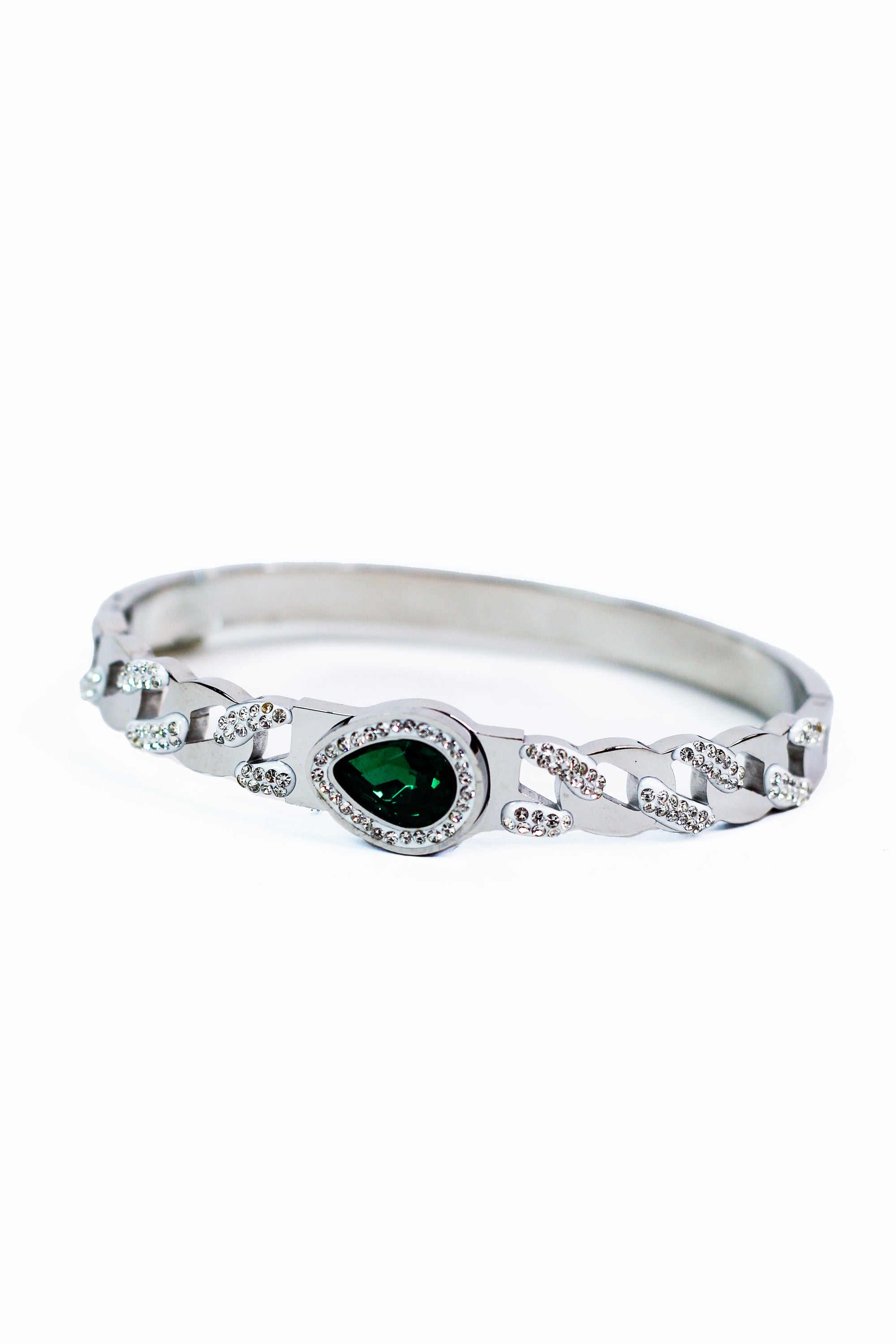 Pave & Metal Chain Link Bangle w/ Emerald Teardrop Center