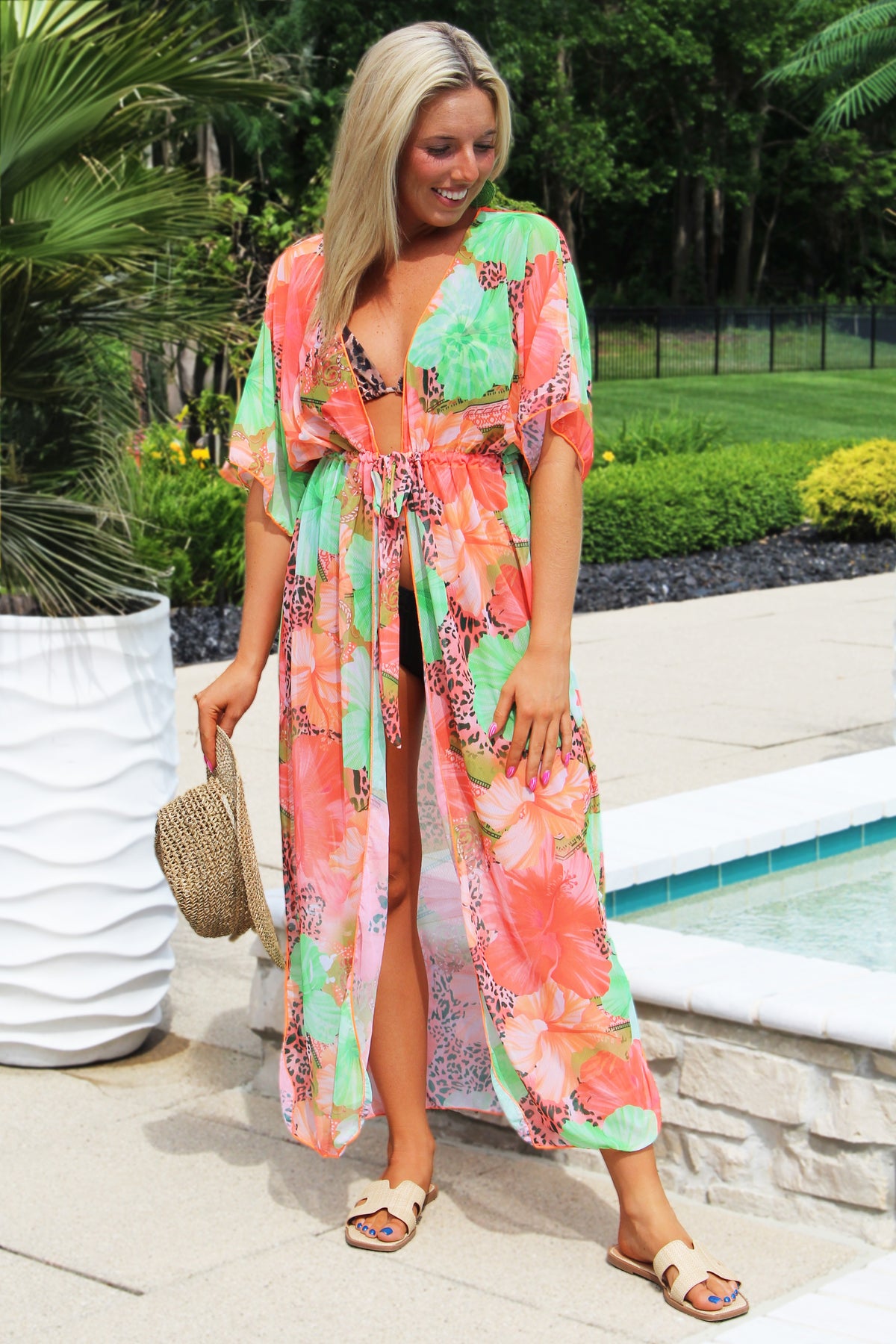 Floral &amp; Leopard Print Mesh Beach Cover w/ Tie Waist