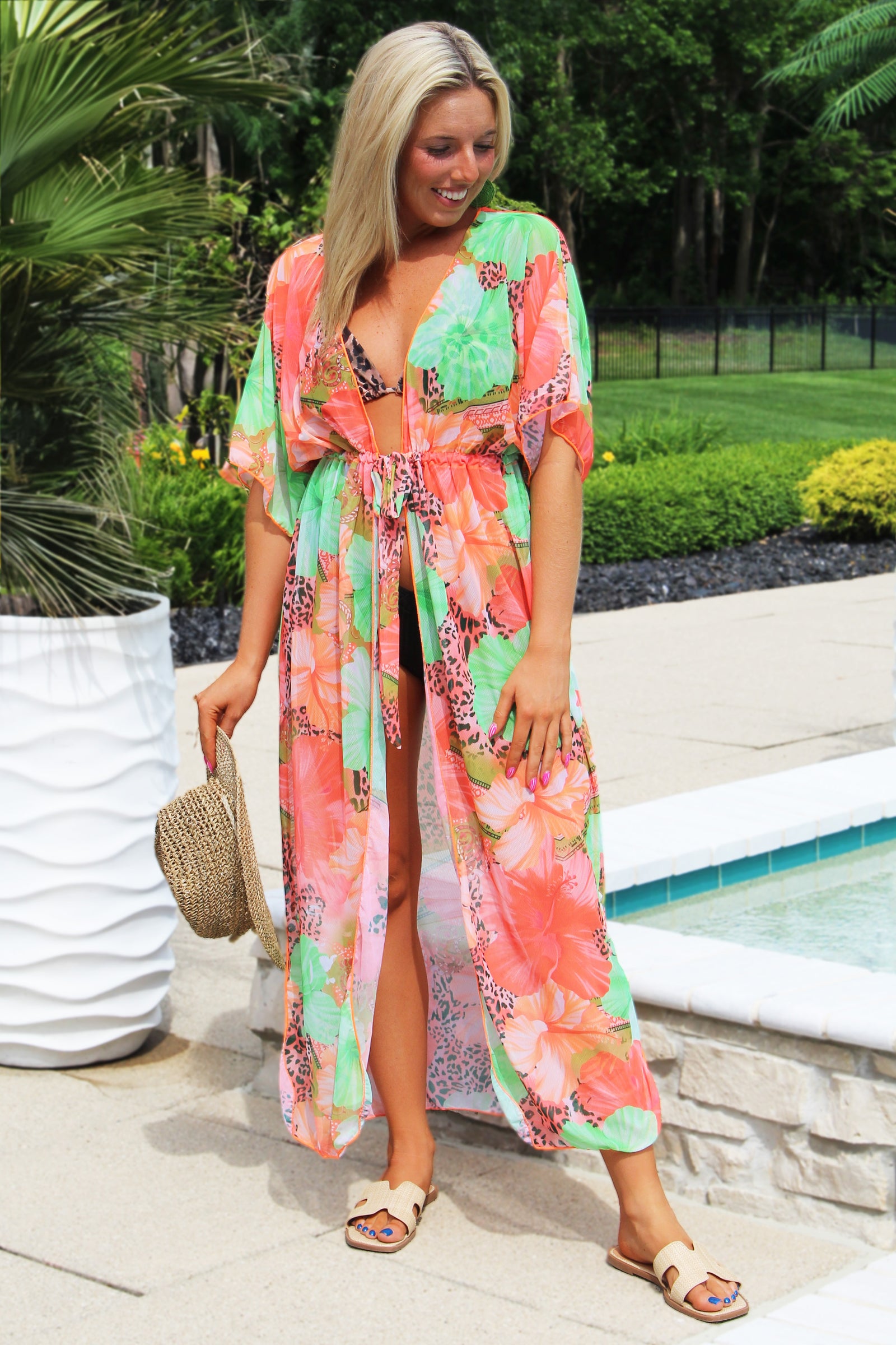 Floral & Leopard Print Mesh Beach Cover w/ Tie Waist
