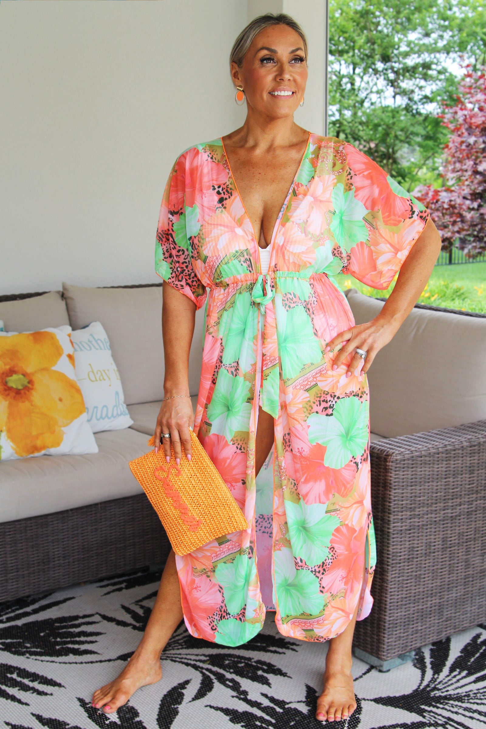 Floral & Leopard Print Mesh Beach Cover w/ Tie Waist