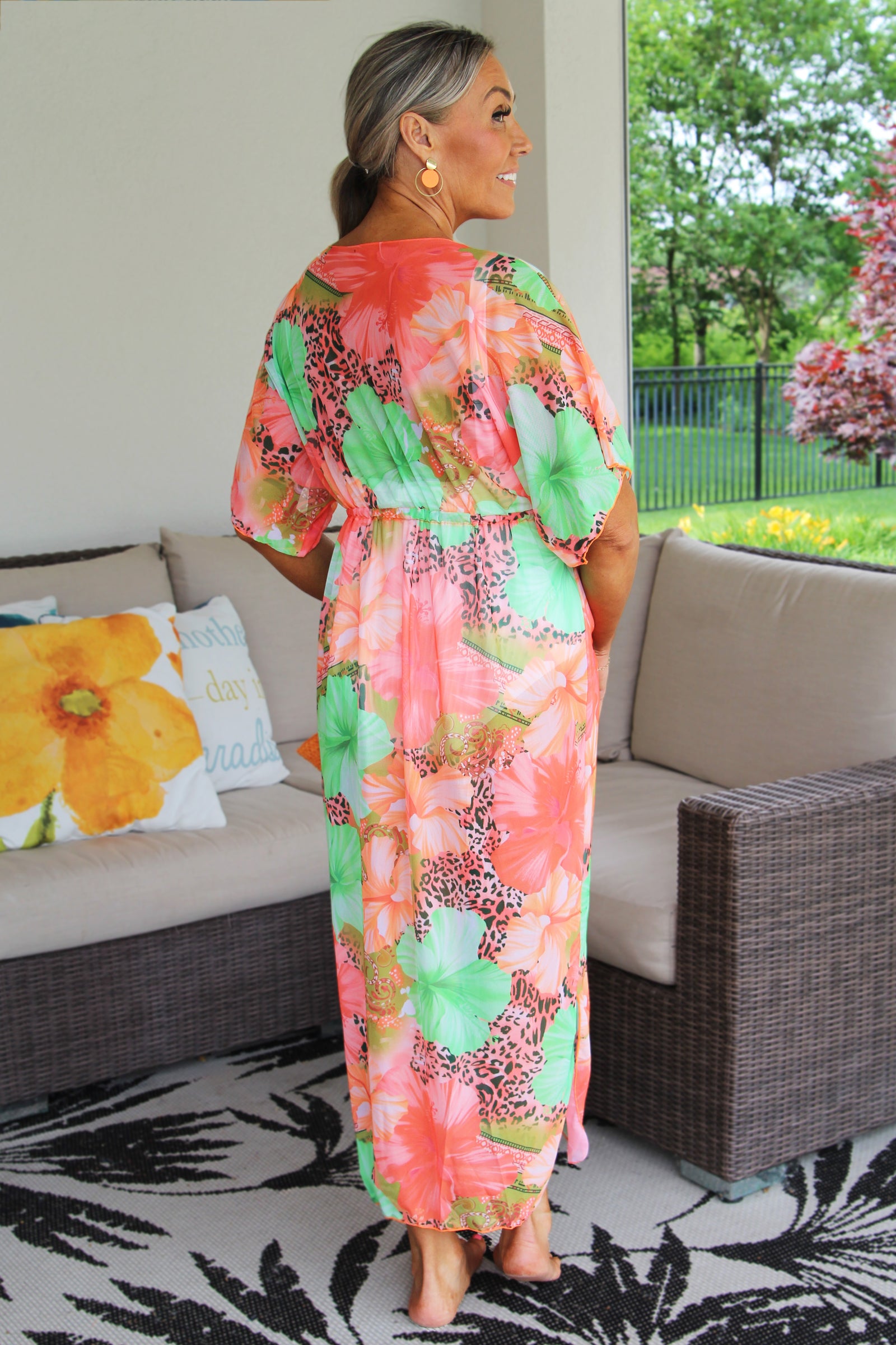 Floral & Leopard Print Mesh Beach Cover w/ Tie Waist