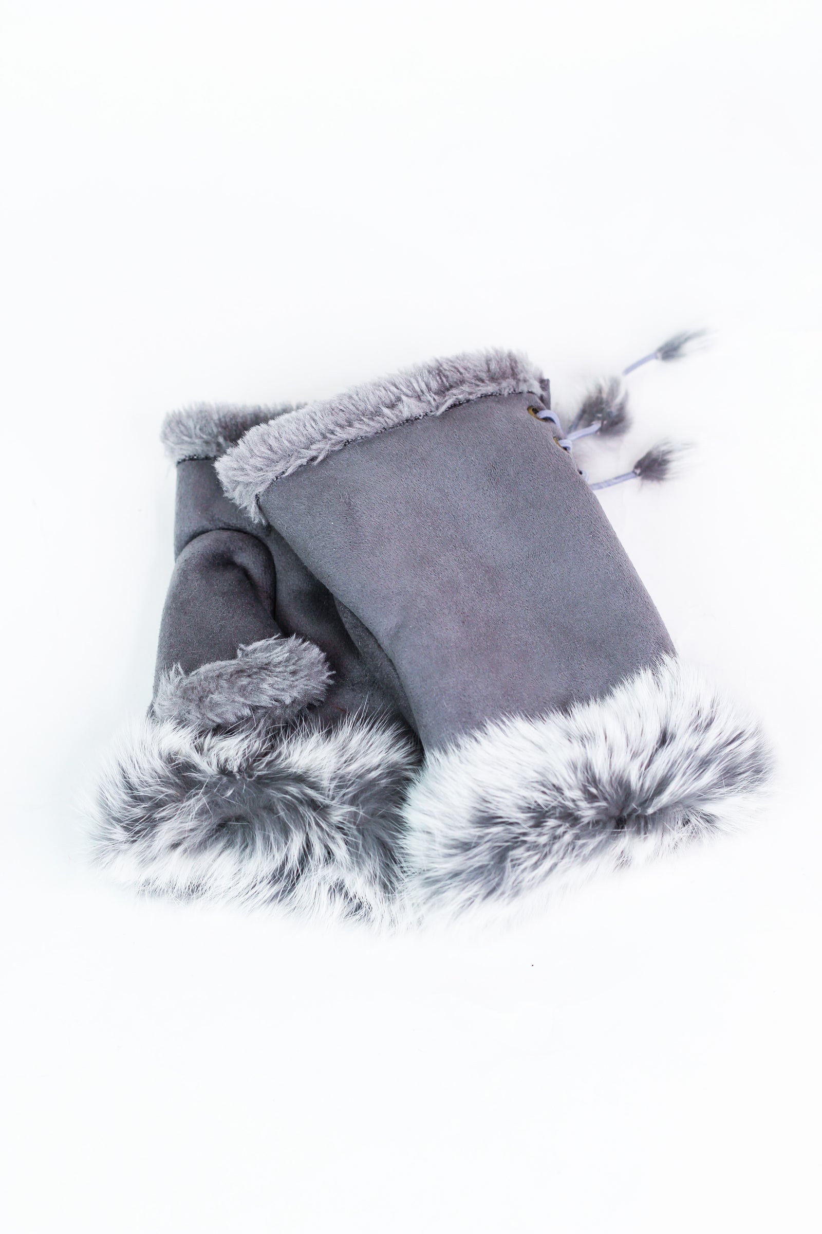 Faux Suede Fingerless Gloves w/ Fur Trim