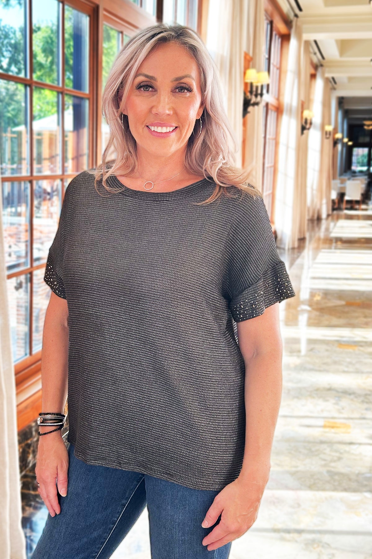 Round Neckline Rhinestone Sleeve Detail