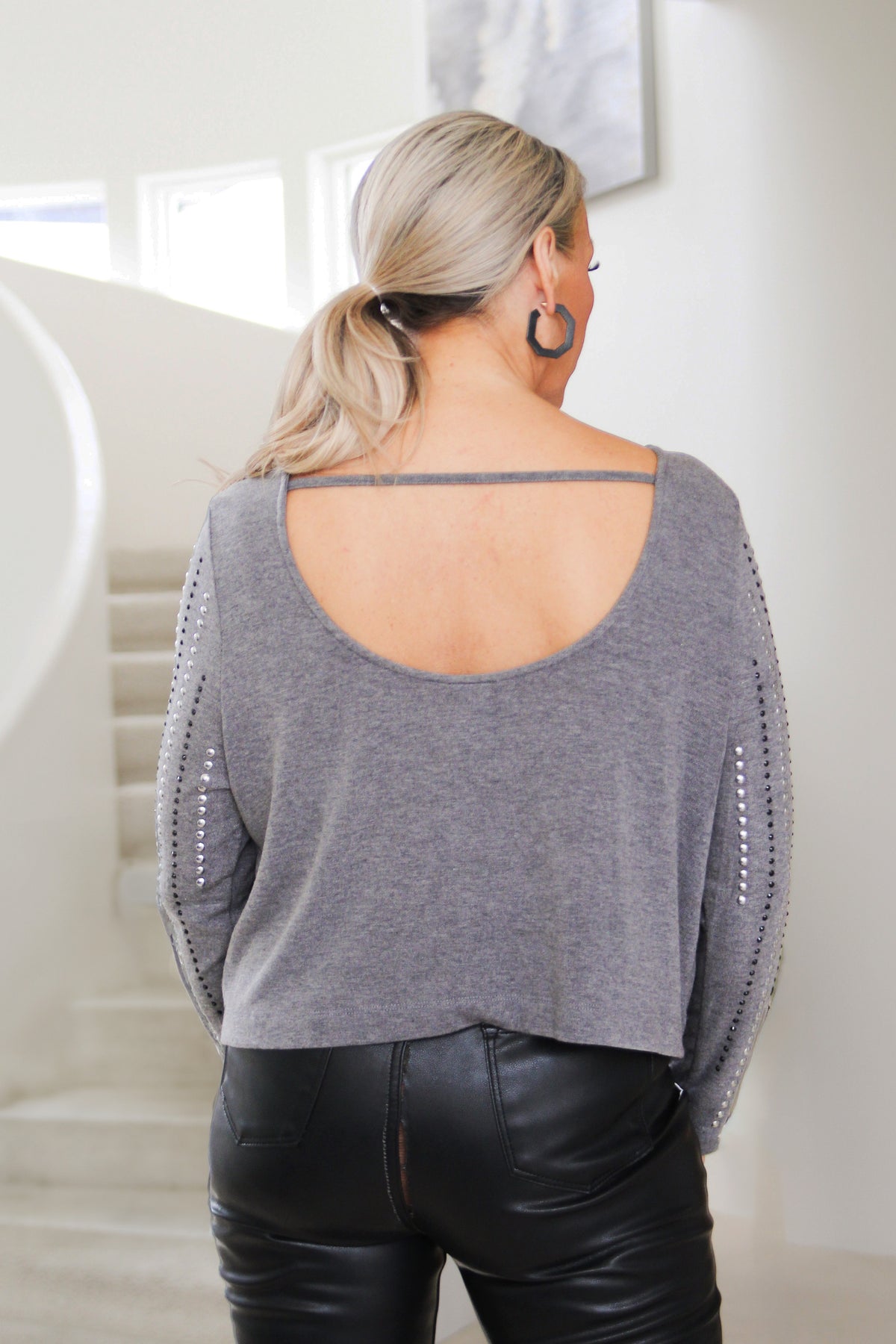 Cutout Back Stud & Rhinestone Embellished Round Neck Long Sleeve Knit Top