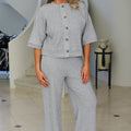 Short Sleeve Button Down Sweater & Pant Set