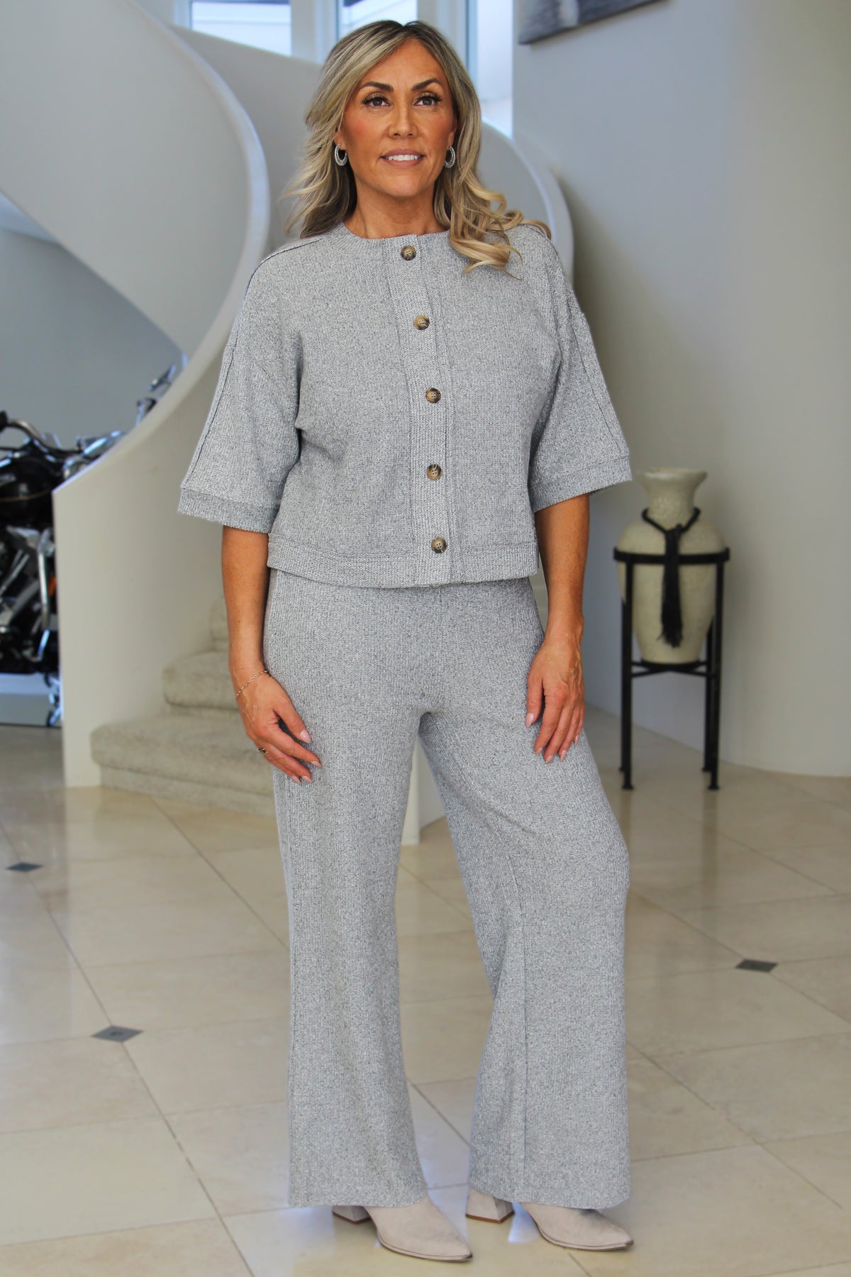 Short Sleeve Button Down Sweater &amp; Pant Set