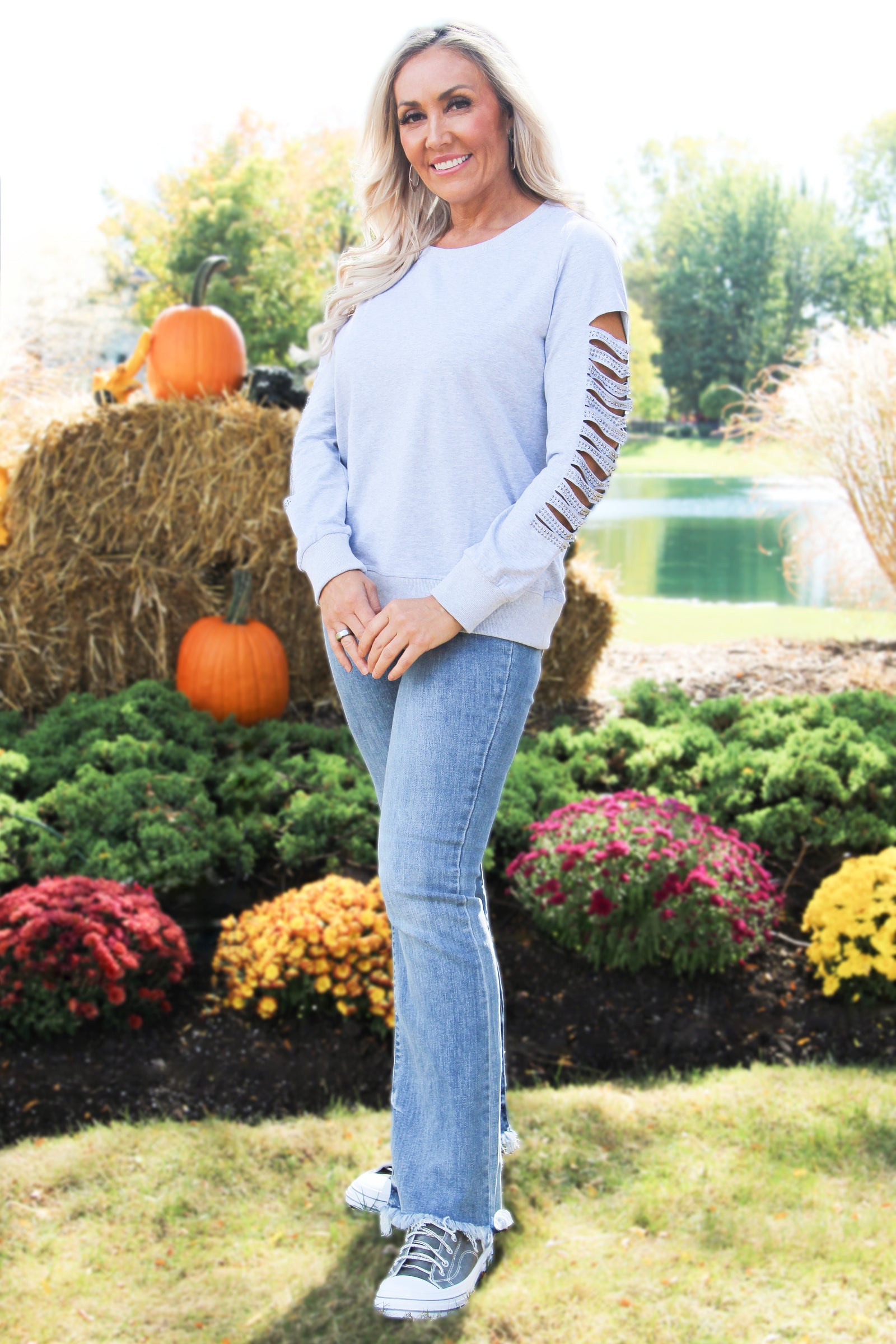 French Terry Sweatshirt w/ Rhinestone Embellished Sleeve Slits