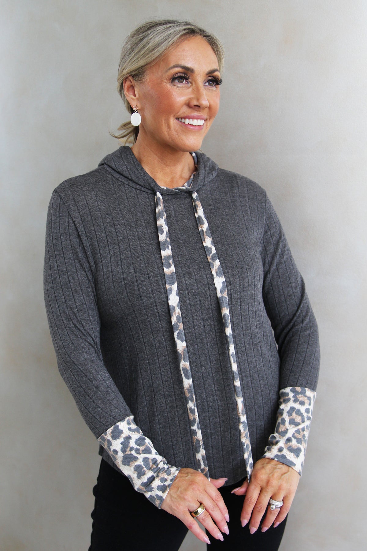 Knit Sweater w/ Leopard Sleeve Cuffs, Drawstrings & Hood