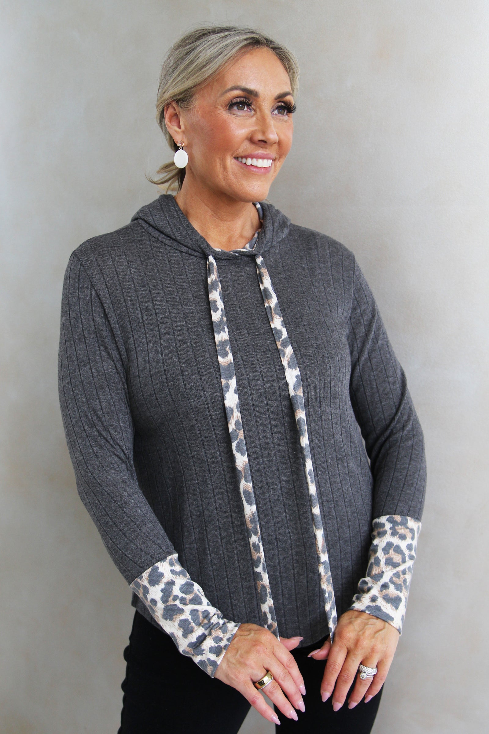 Knit Sweater w/ Leopard Sleeve Cuffs, Drawstrings & Hood