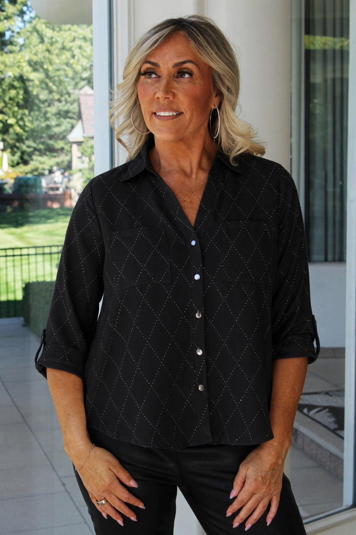Diamond Pattern Rhinestone Button Down Shirt w/ Sleeve Tabs
