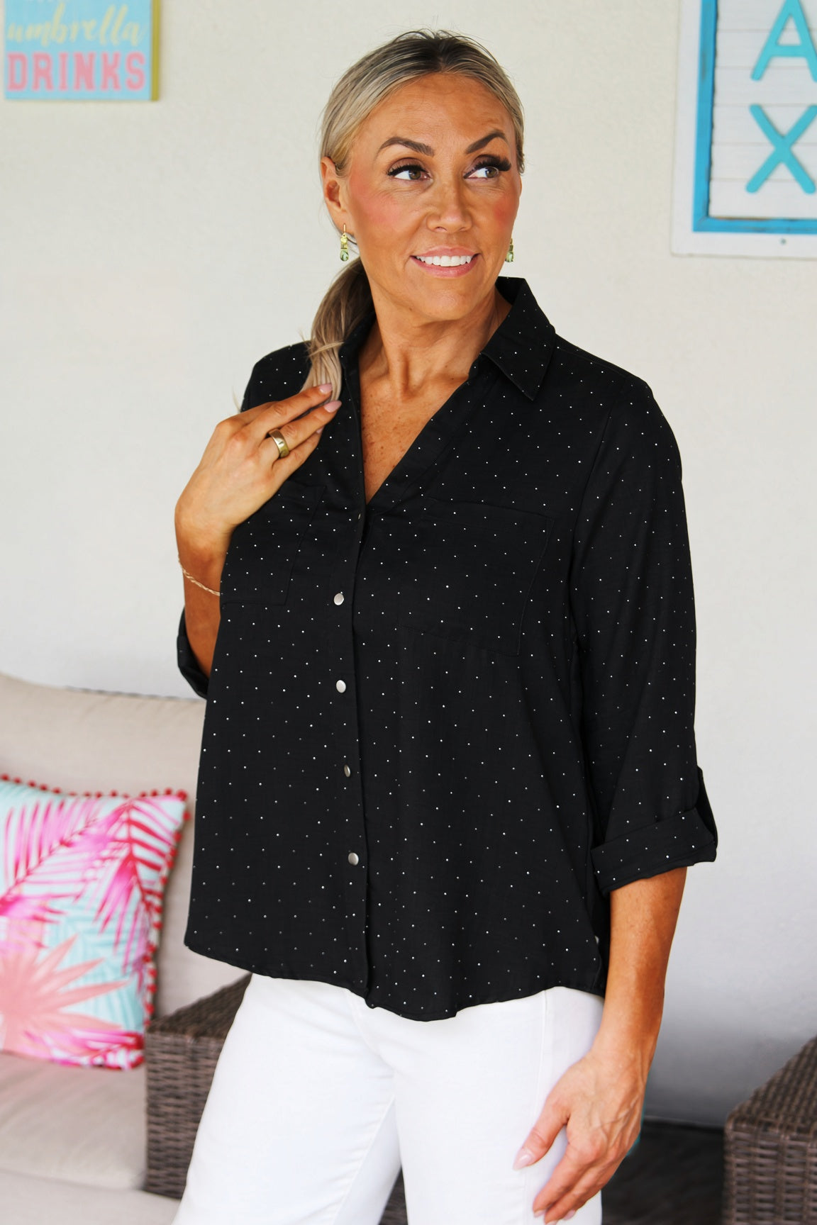 Rhinestone Covered Button Down Shirt w/ Sleeve Tabs