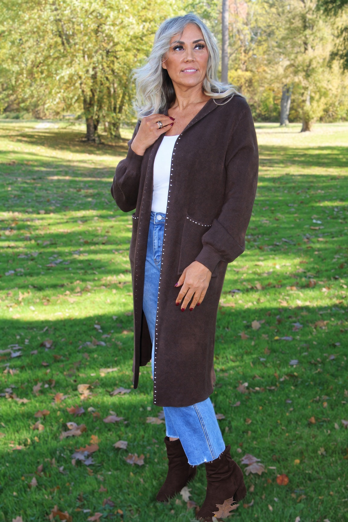 Open Long  Knit Cardigan W/ Studs