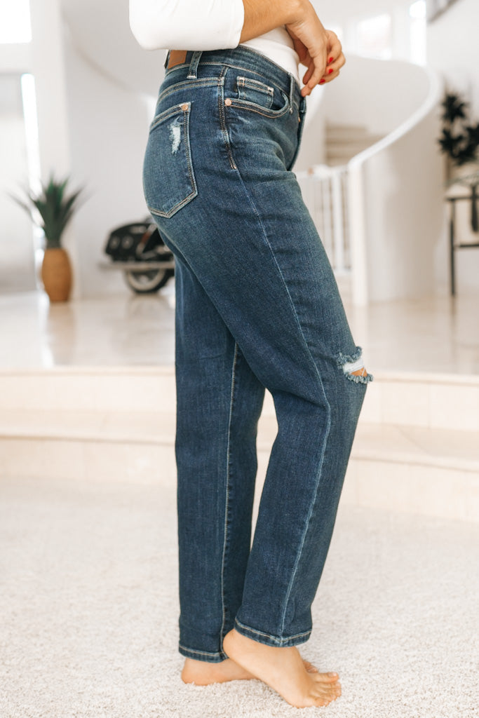 High Rise Slit Knee Boyfriend Jean (SALE)