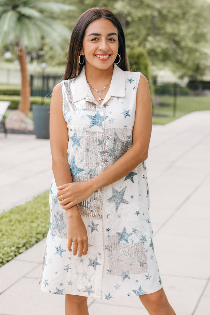 Lace & Sequin Button-Up Sleeveless Dress With Collar (SALE)