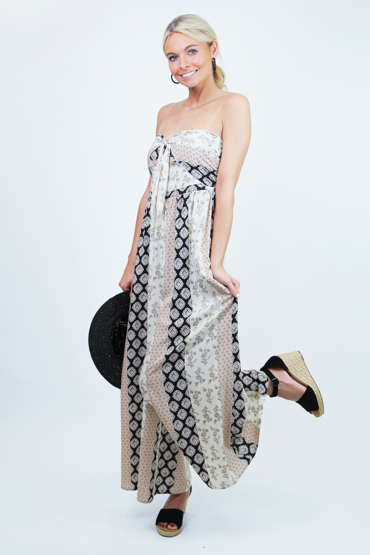 Strapless Boho Print Wide Leg Jumpsuit w/ Front Tie (SALE)