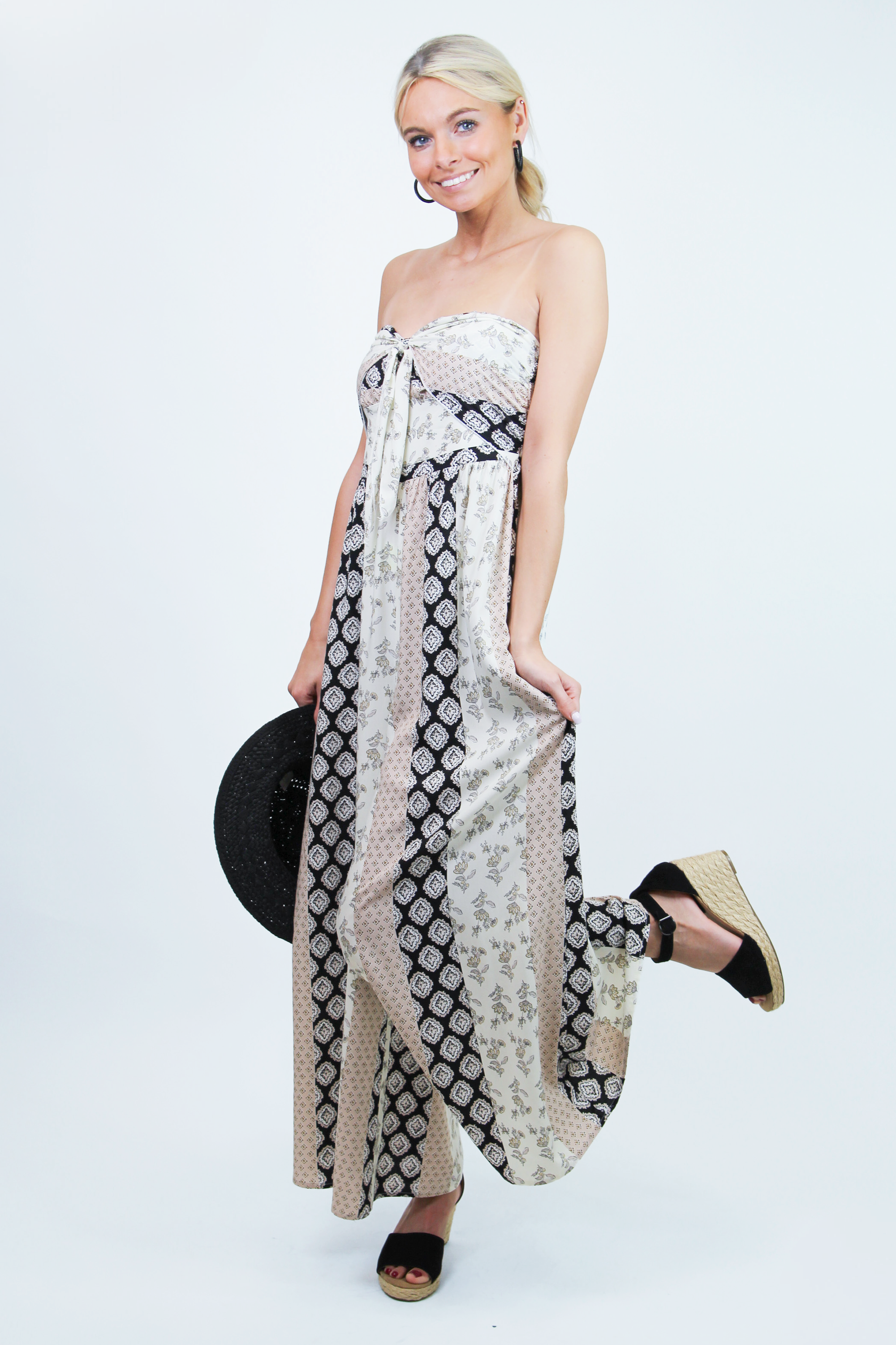 Strapless Boho Print Wide Leg Jumpsuit w/ Front Tie (SALE)