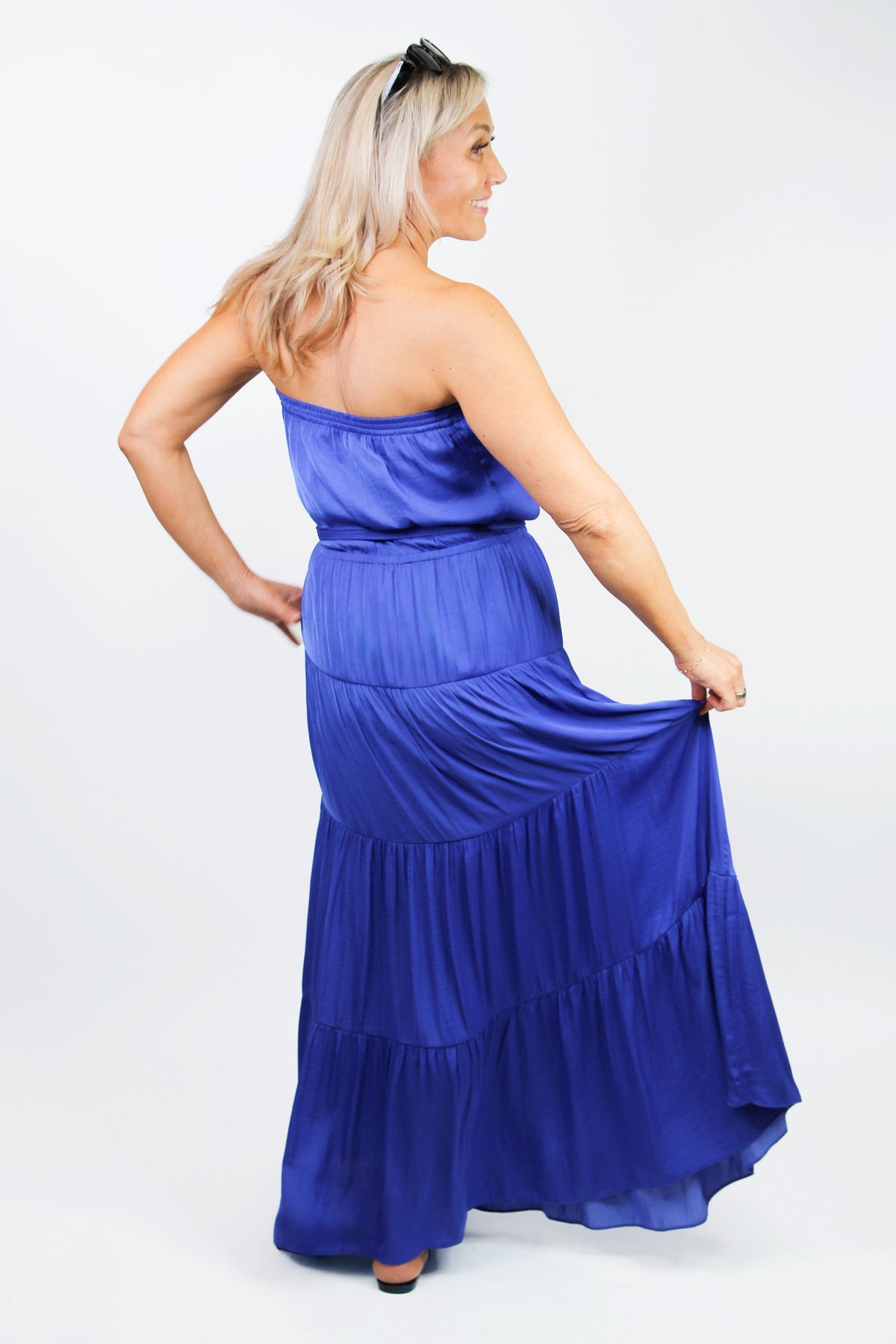 Silky Strapless Tiered Maxi Dress & Belt