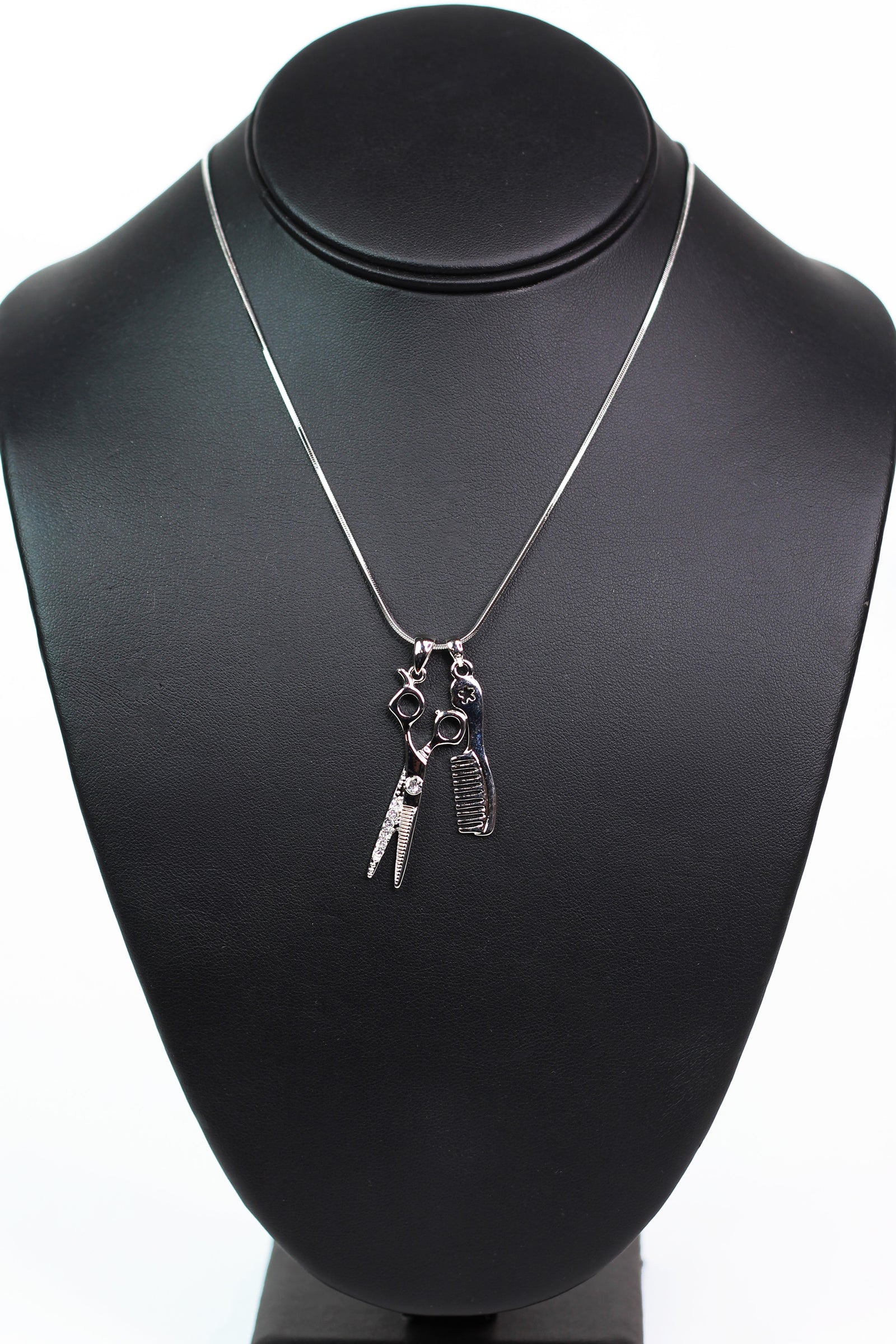 Hair Comb & Shears Rhinestone Accented Charm Necklace