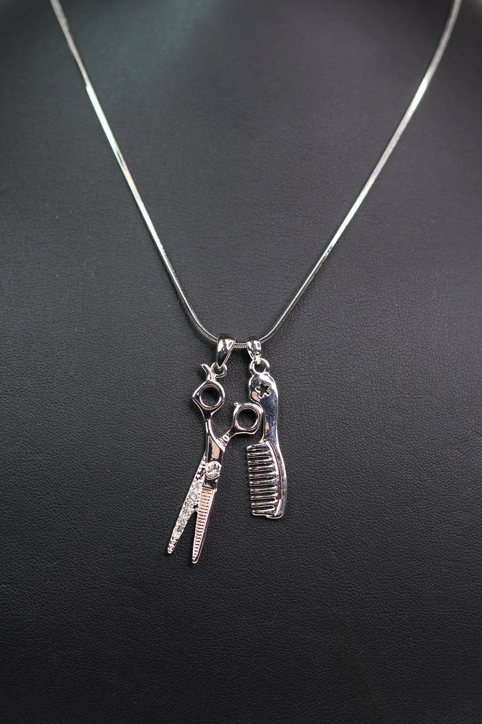 Hair Comb & Shears Rhinestone Accented Charm Necklace