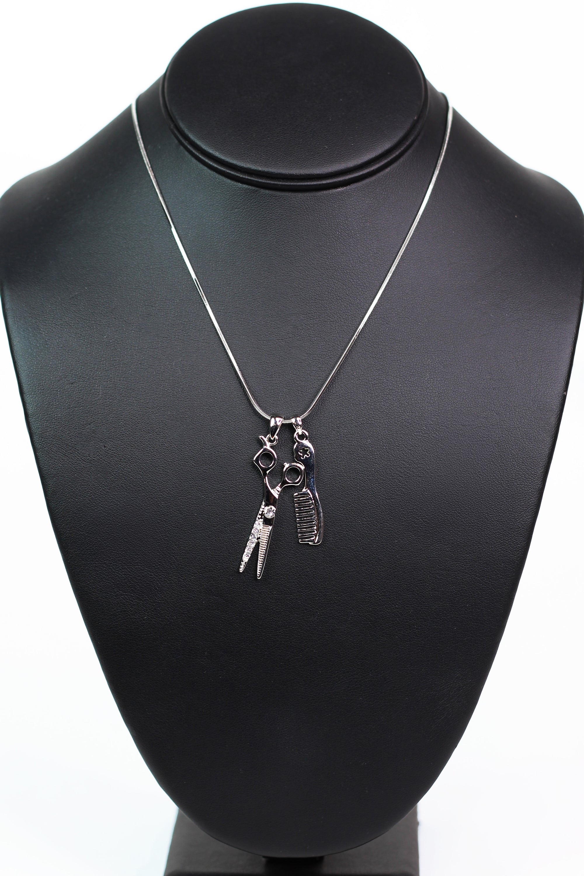 Hair Comb & Shears Rhinestone Accented Charm Necklace
