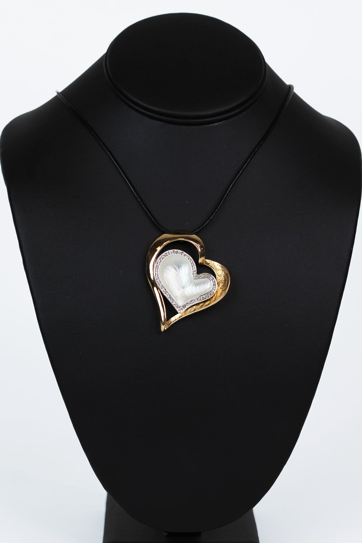 Textured Double Heart w/ Pave Trim Cord Necklace