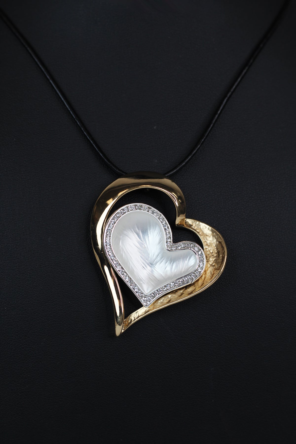 Textured Double Heart w/ Pave Trim Cord Necklace