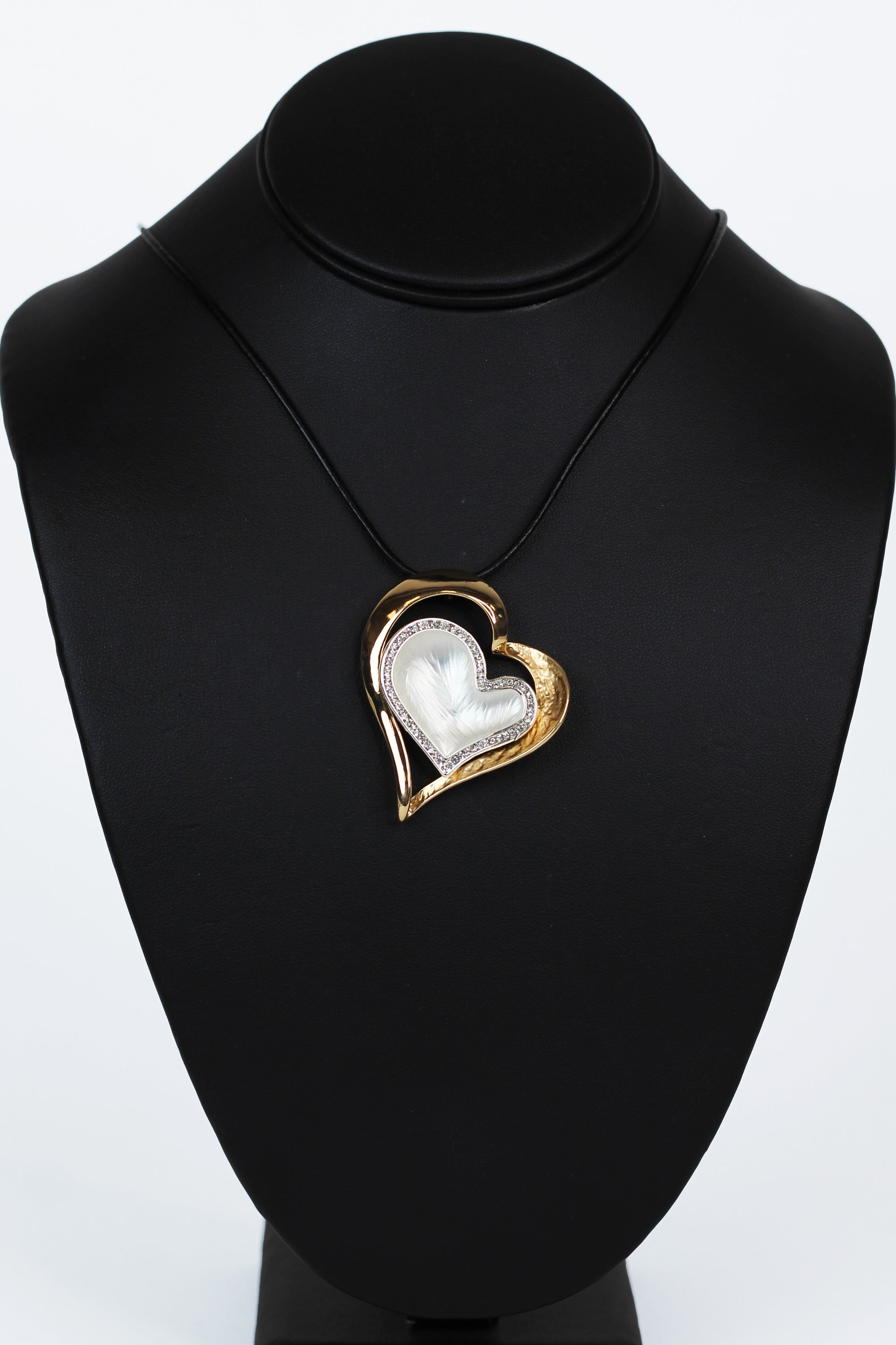 Textured Double Heart w/ Pave Trim Cord Necklace