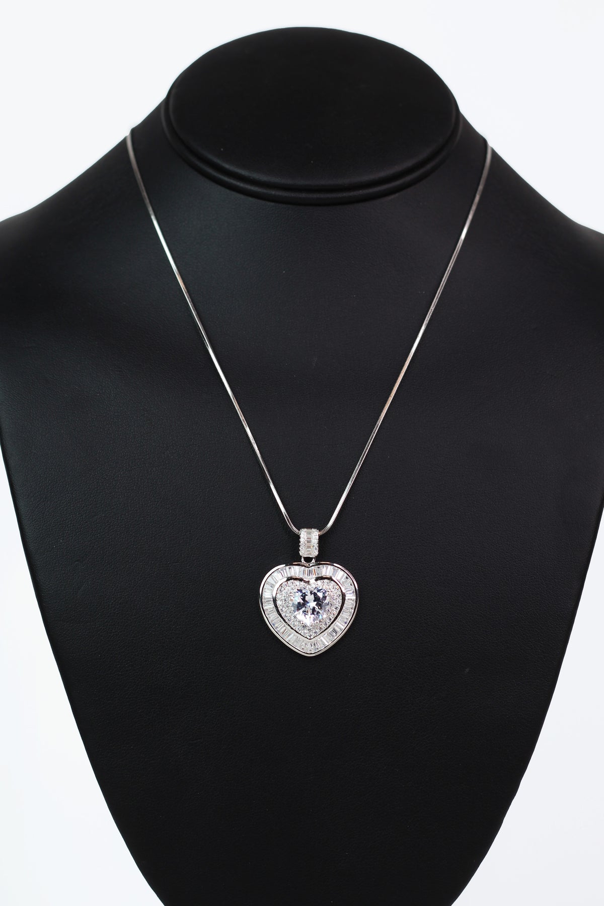 Baguette Trimmed Pave Heart Necklace w/ Heart Center Stone