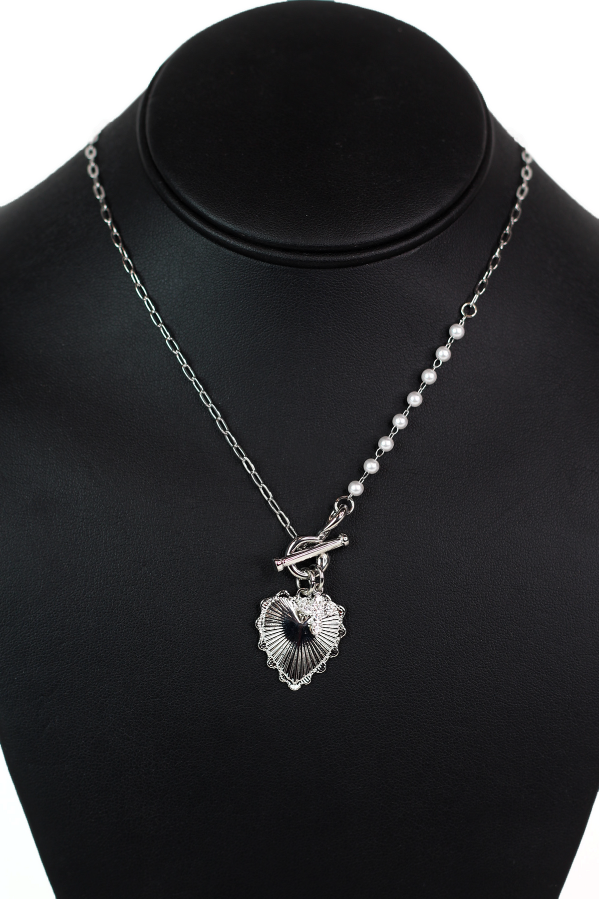 1/2 Pearl Accent Chain w/ Scalloped Heart &amp; Rhinestone Cross