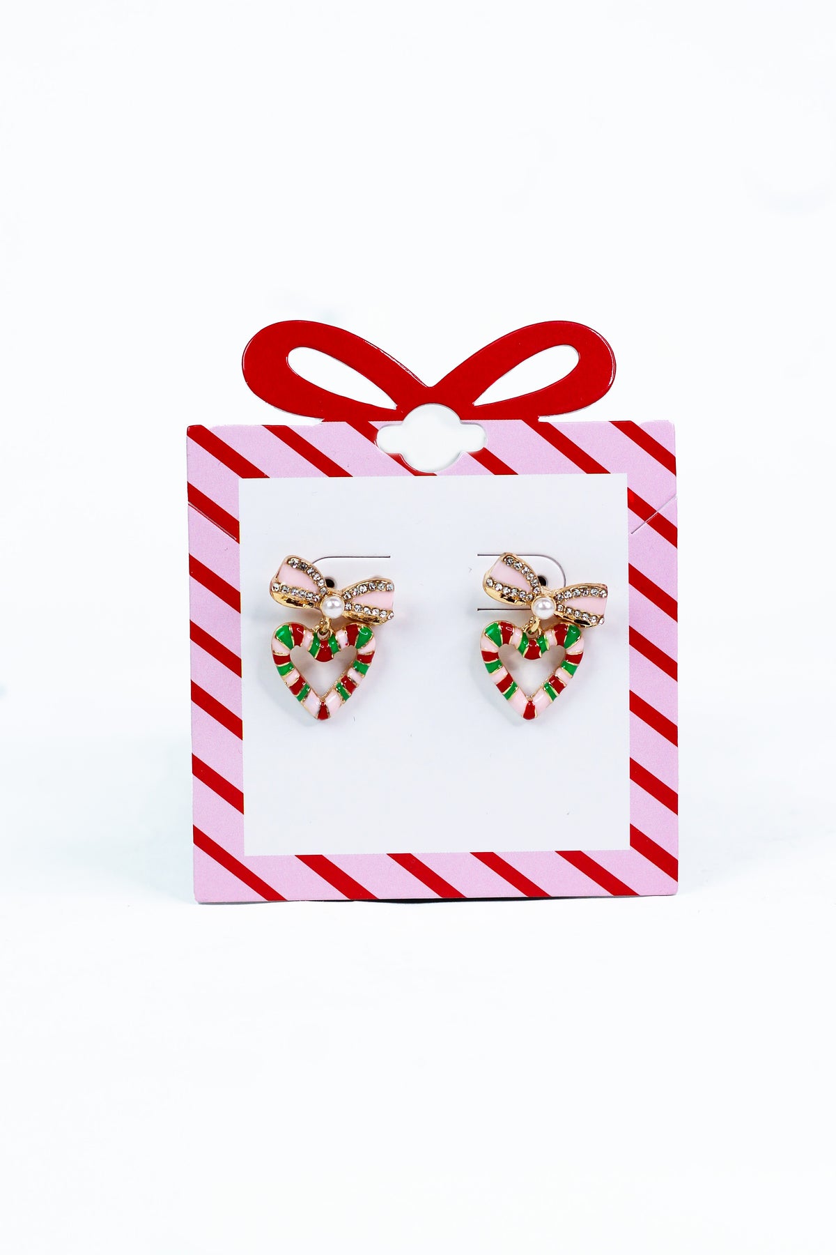 Bow Post Open Candy Cane Heart Earring