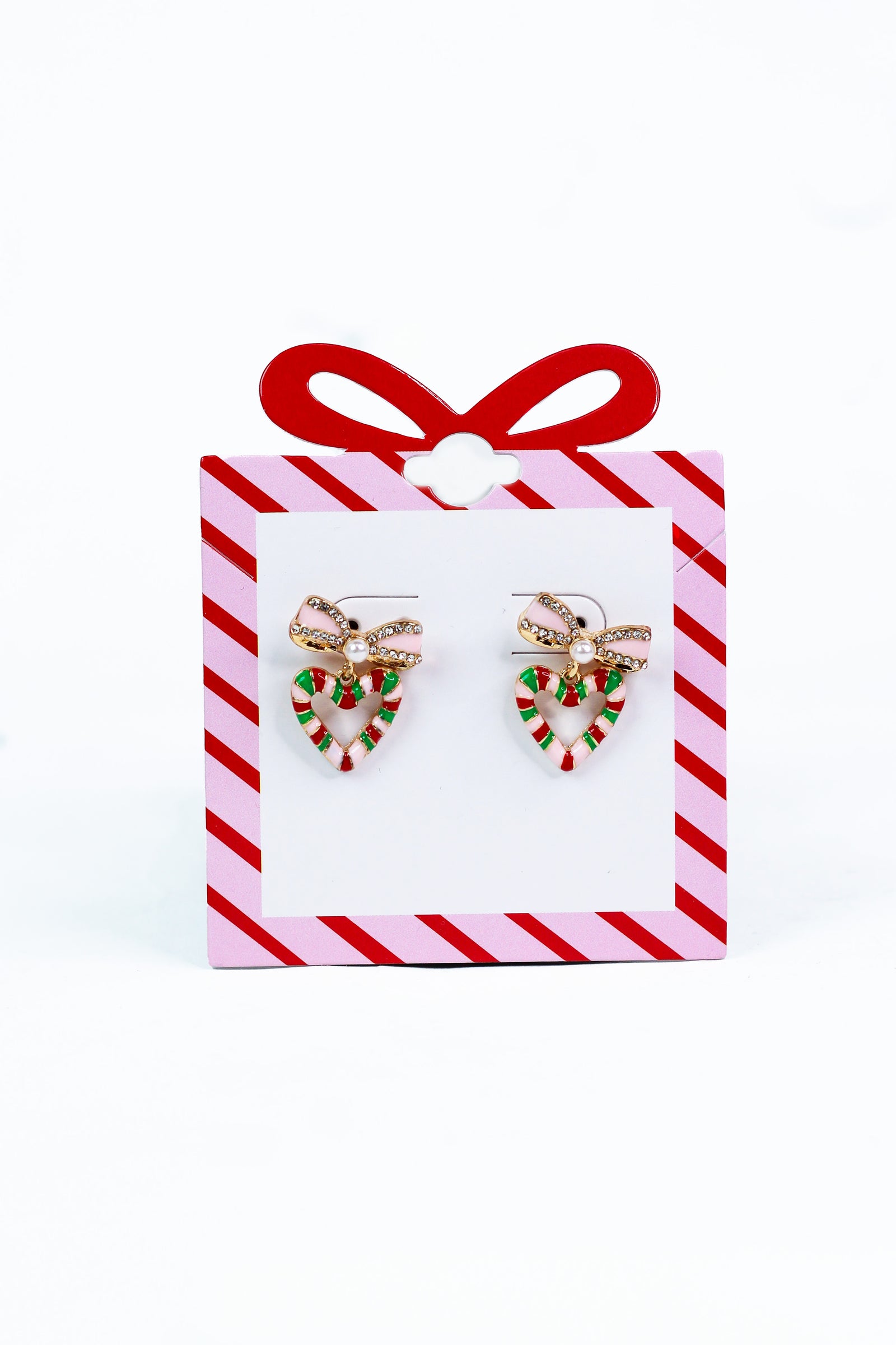 Bow Post Open Candy Cane Heart Earring