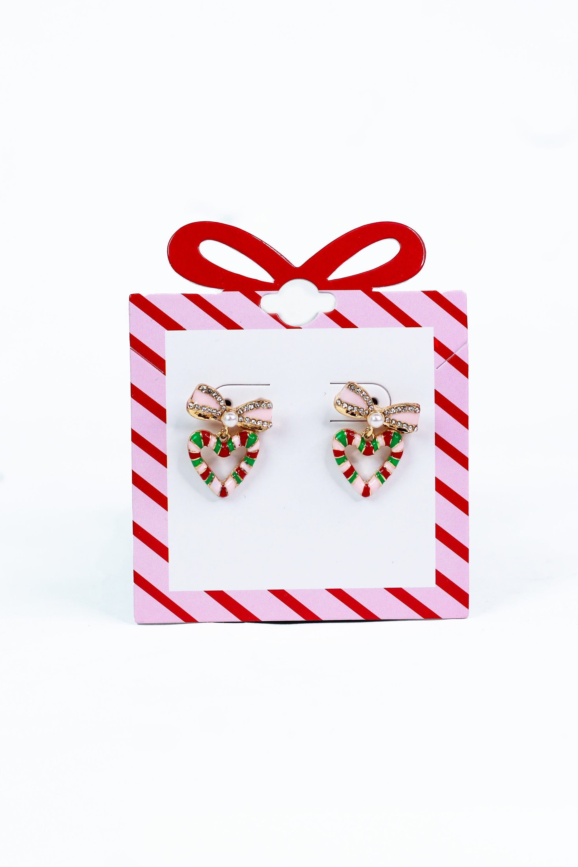 Bow Post Open Candy Cane Heart Earring