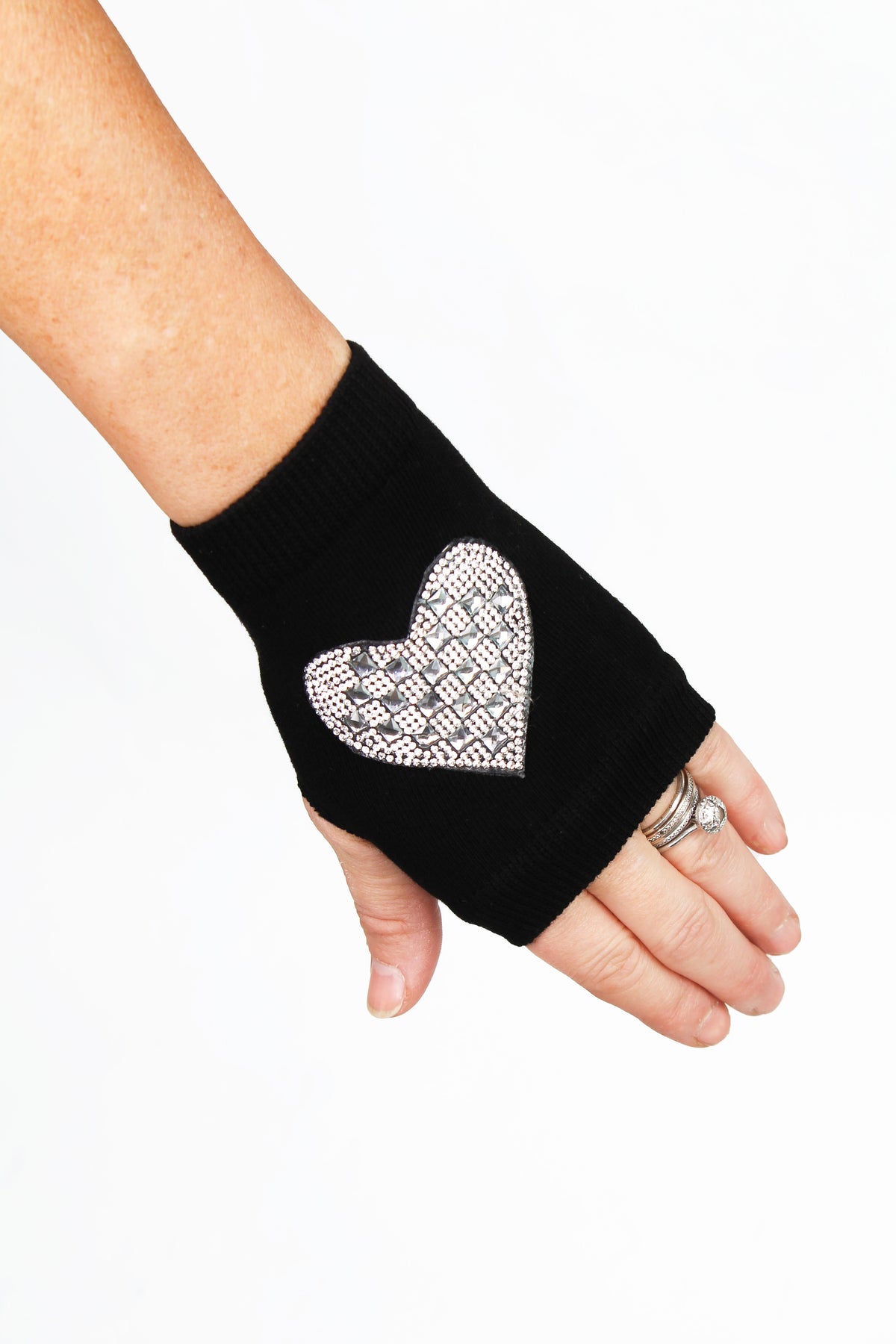 Rhinestone Heart Fingerless Gloves