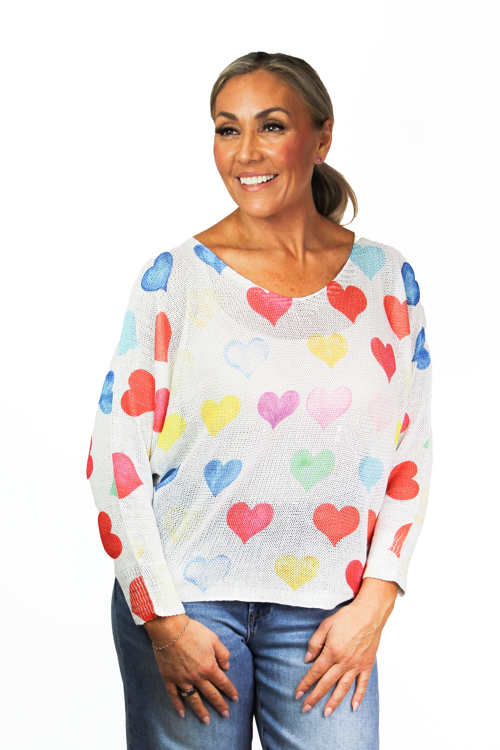 V-Neck Multicolored Hearts Italian Knit Sweater