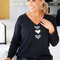Long Sleeve V-Neck Sweater Rhinestone Heart Accent