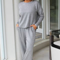 Long Sleeve Scuba Knit Top & Wide Leg Pants Set w/ Rhinestone Accents