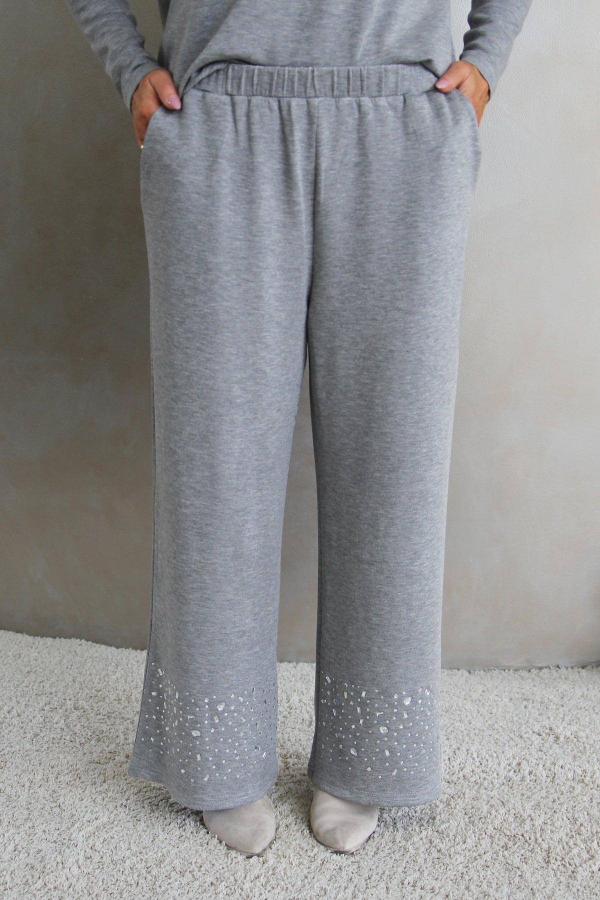 Long Sleeve Scuba Knit Top & Wide Leg Pants Set w/ Rhinestone Accents