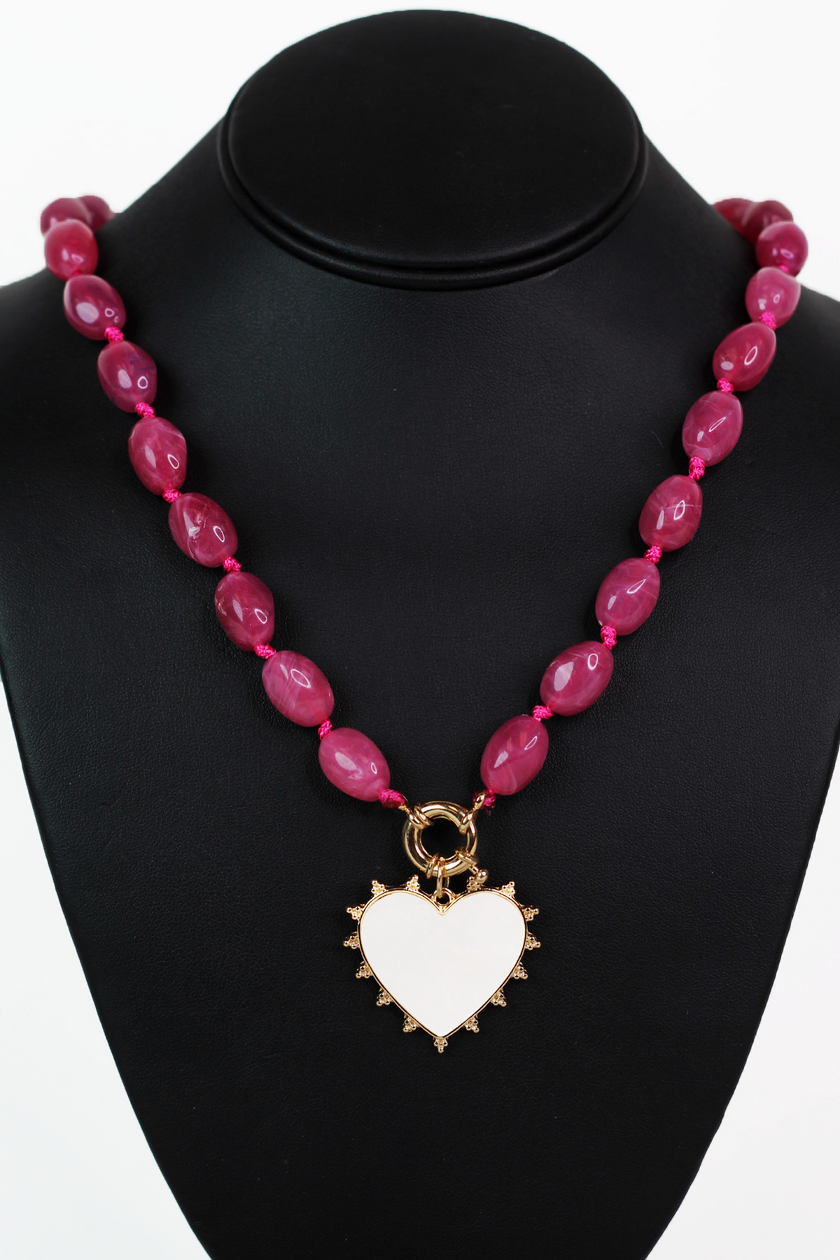 Medium Beaded Necklace w/ Dangle Side Accent Pearl Center Heart