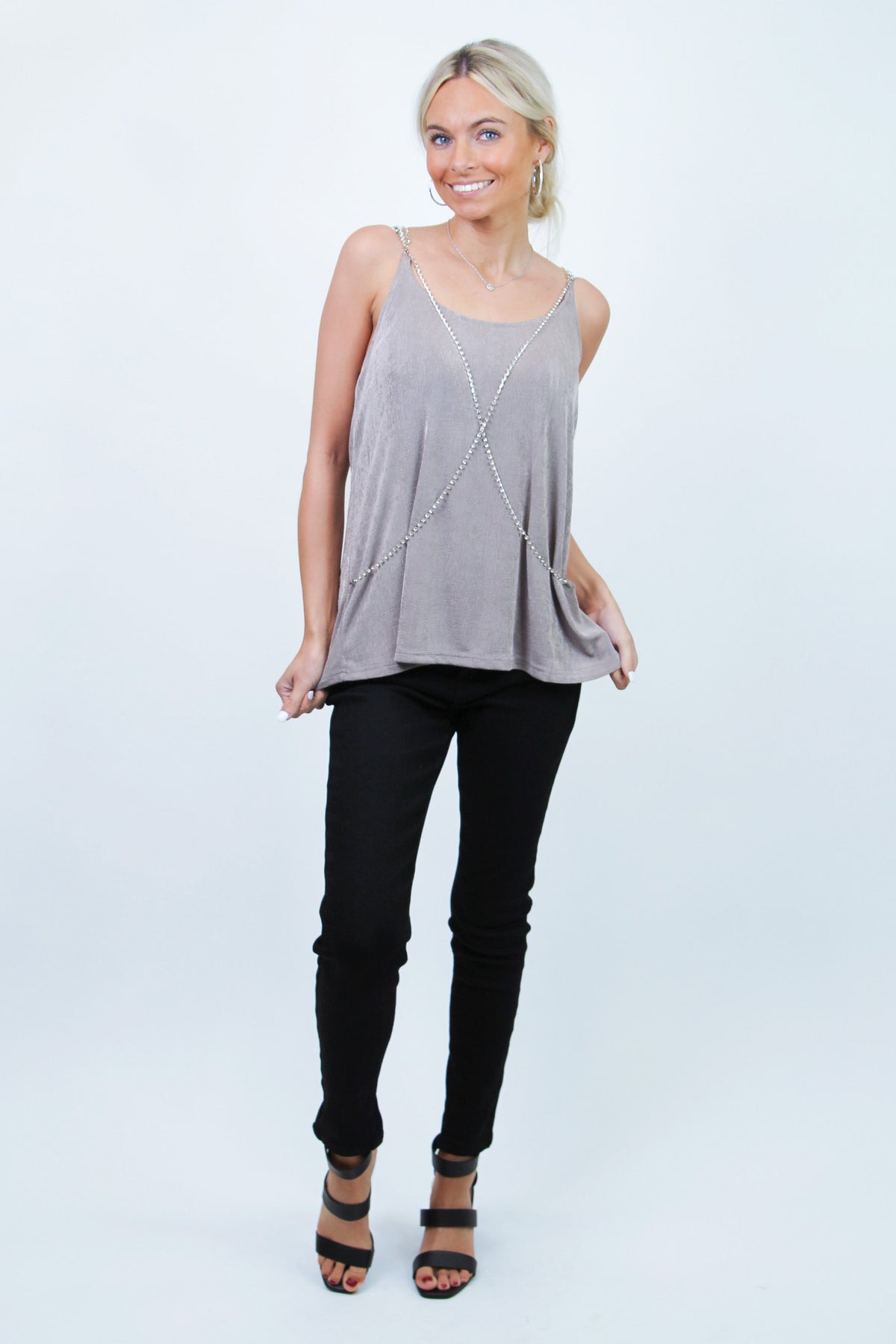 Slinky Knit Sleeveless Top w/ Rhinestone Straps & Front Detail (SALE)