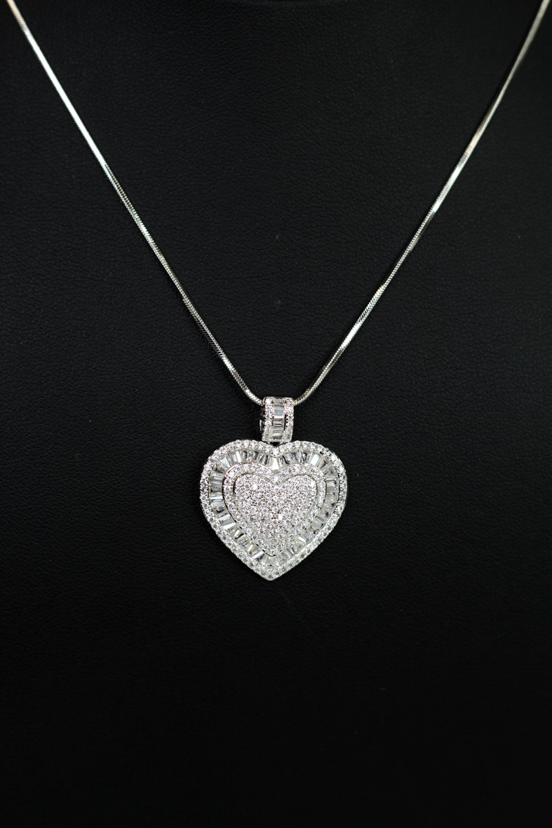Rhinestone Heart Necklace w/ Baguette & Pave Trim
