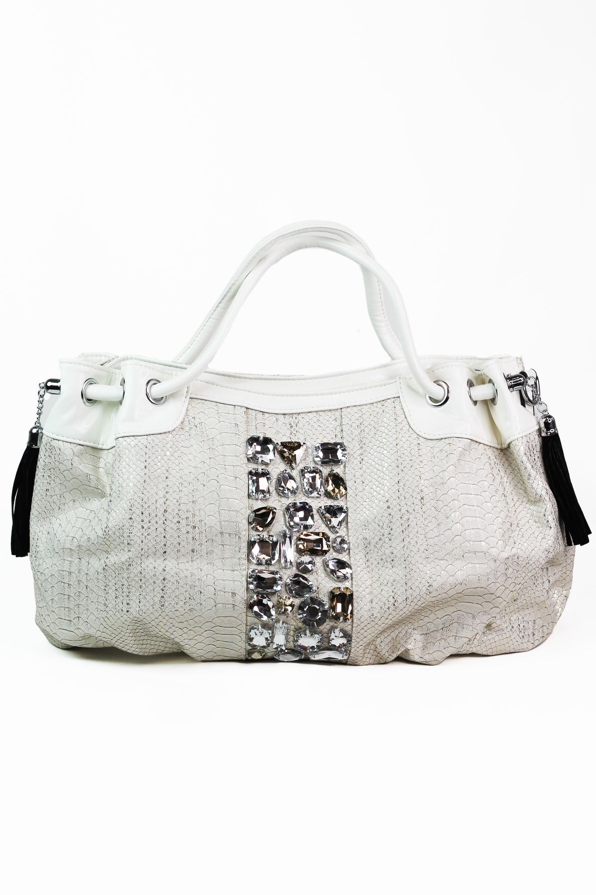Faux Snakeskin Purse w/ Large Stone Accents & Side Tassels