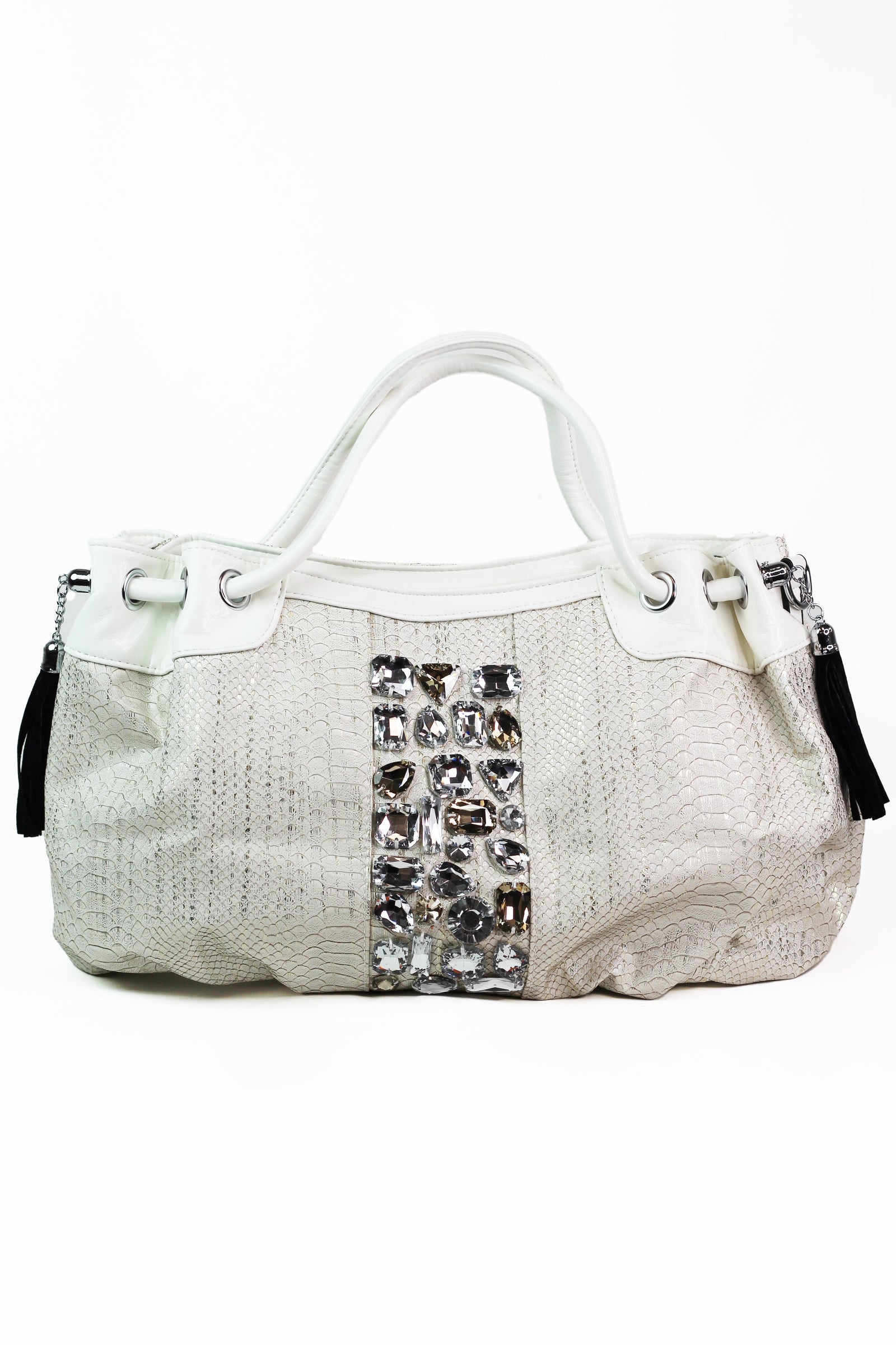 Faux Snakeskin Purse w/ Large Stone Accents & Side Tassels