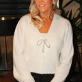 Ribbed Knit Cardigan w/ Rhinestone Tie Closure