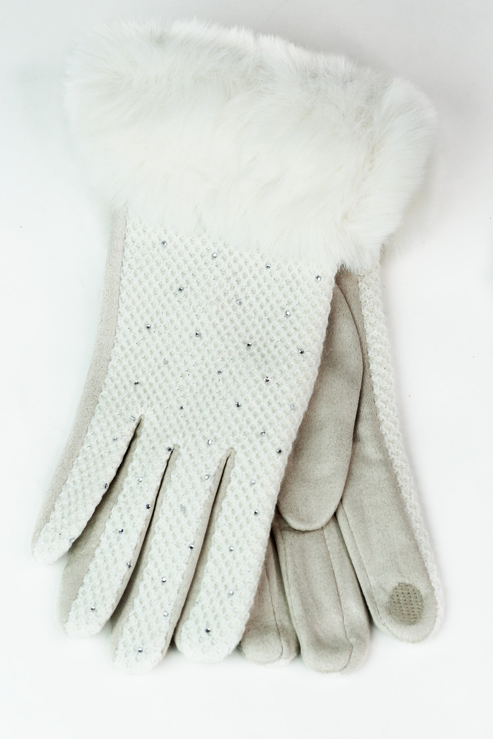 Waffle Knit & Stone Gloves w/ Fur Cuff