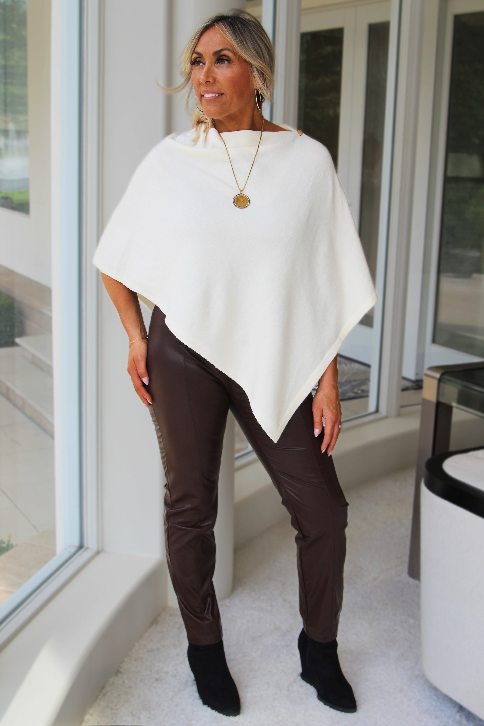 Asymmetrical Knit Poncho w/ Button Detail