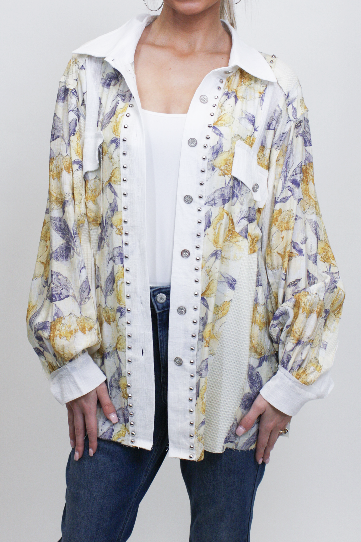 Mixed Print Button Down Shirt w/ Stud Embellishments (SALE)