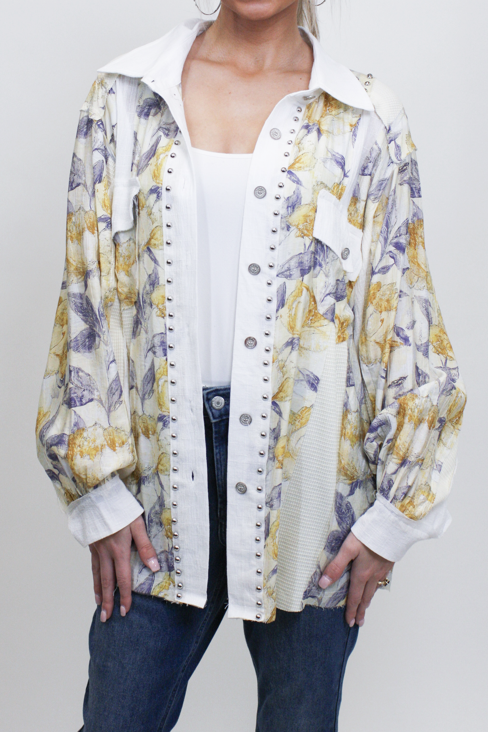 Mixed Print Button Down Shirt w/ Stud Embellishments (SALE)