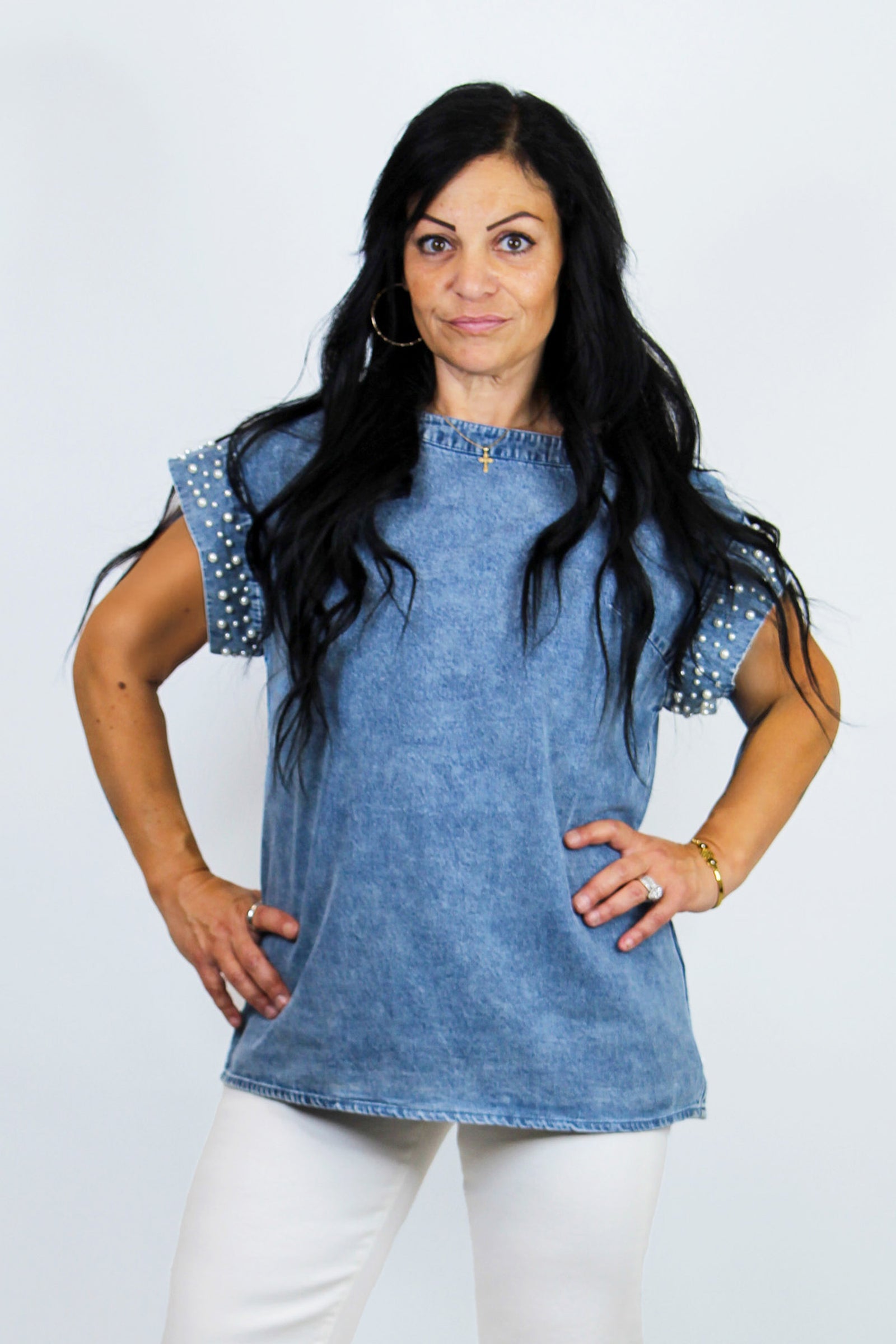 Acid Washed Denim Top w/ Pearl Sleeve Embellishment